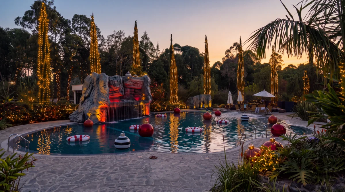 The Grotta pool at dusk, its rock waterfall lit red, tall cypress trees wrapped in lights and giant baubles floating on the water